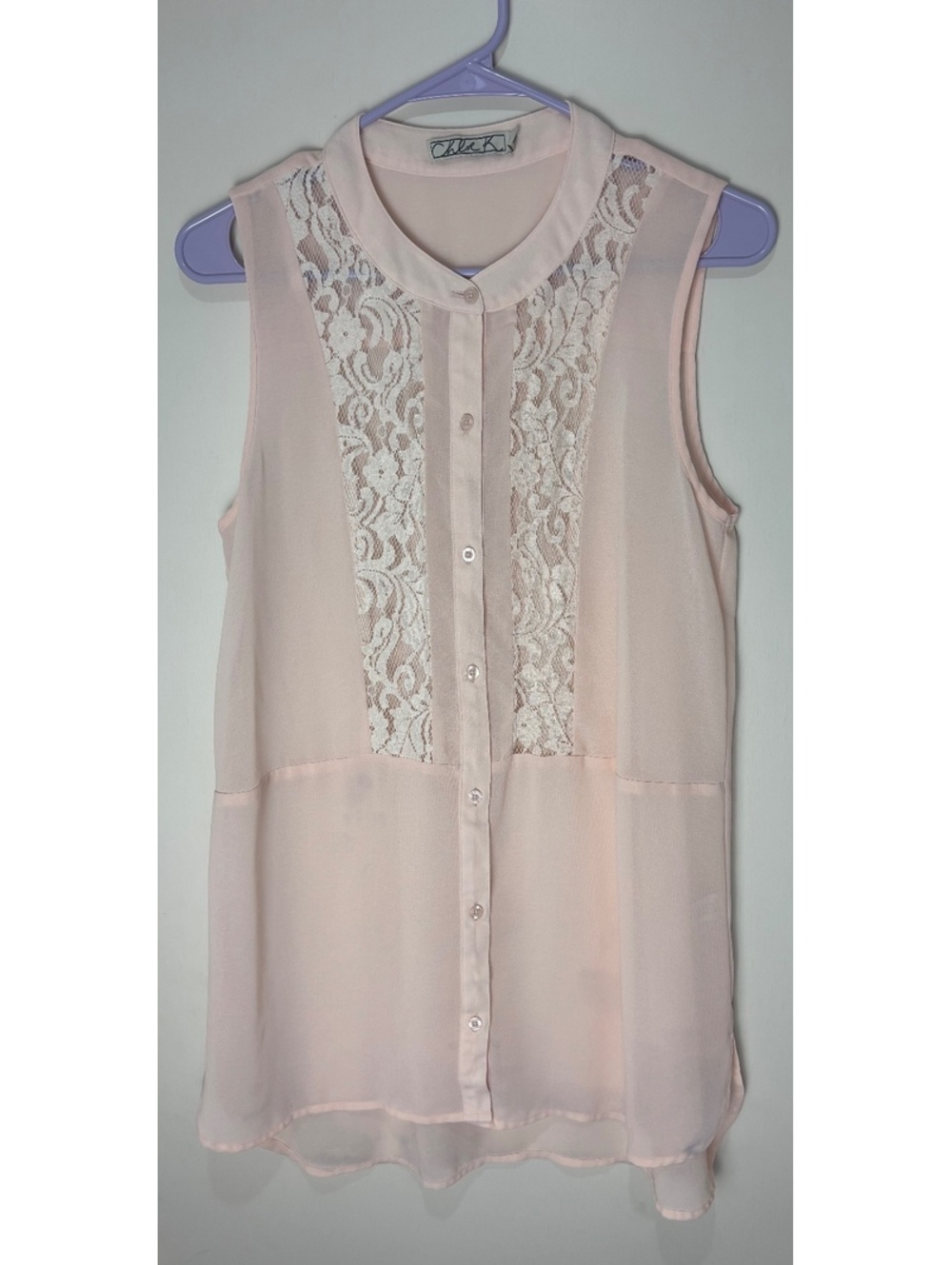 Chloe K Womens M Blush Pink Sleeveless Lace Panel Button Front Tunic Blouse